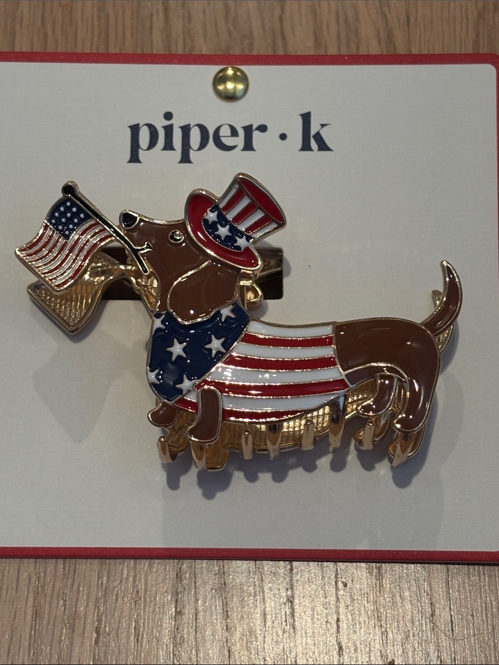 NWT Piper K Patriotic Dachshund Enamel hair claw clip in Red, White & Blue